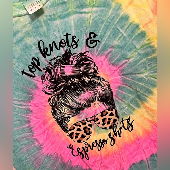 Top knots & espresso shots tye dye shirt hand crafted MEDIUM - Picture 3 of 4